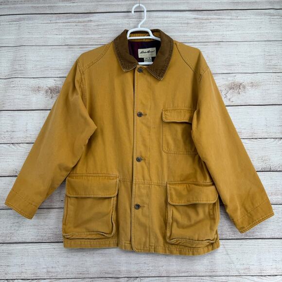 Vintage 90s Eddie Bauer Flannel Lined Chore Barn Jacket Mens Medium Beige Yellow - Picture 1 of 11
